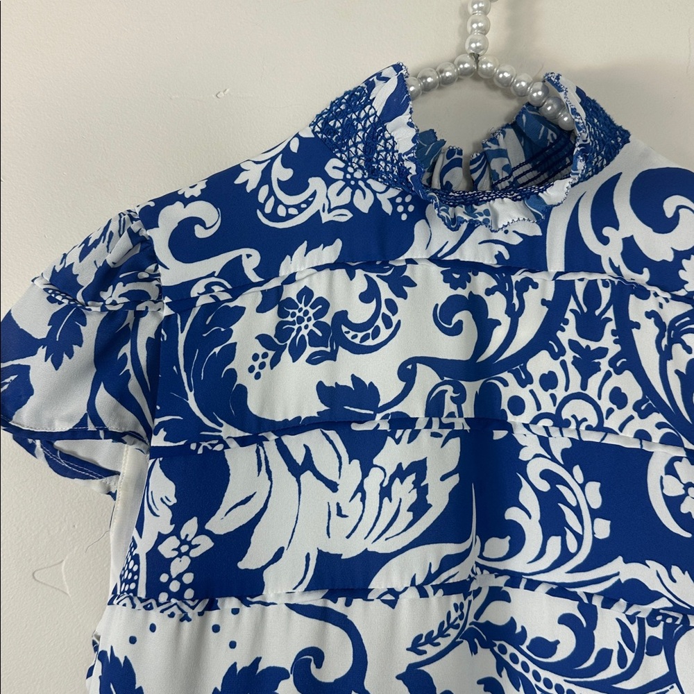 Alice & Olivia Blue & White Floral Karisse Mock Neck Mini Dress 4 - Picture 4 of 12